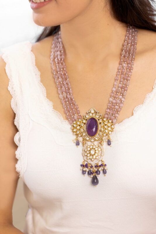 Rozen Quartz Kundan Long Necklace - Lavender Pink